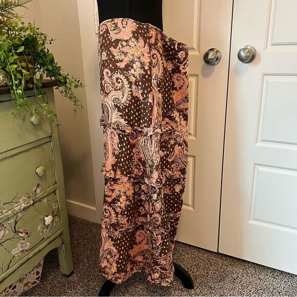 Anthropologie Tapemeasure 100%Linen Brown Pink Floral Paisley Ruffle Maxi Skirt - Picture 5 of 15